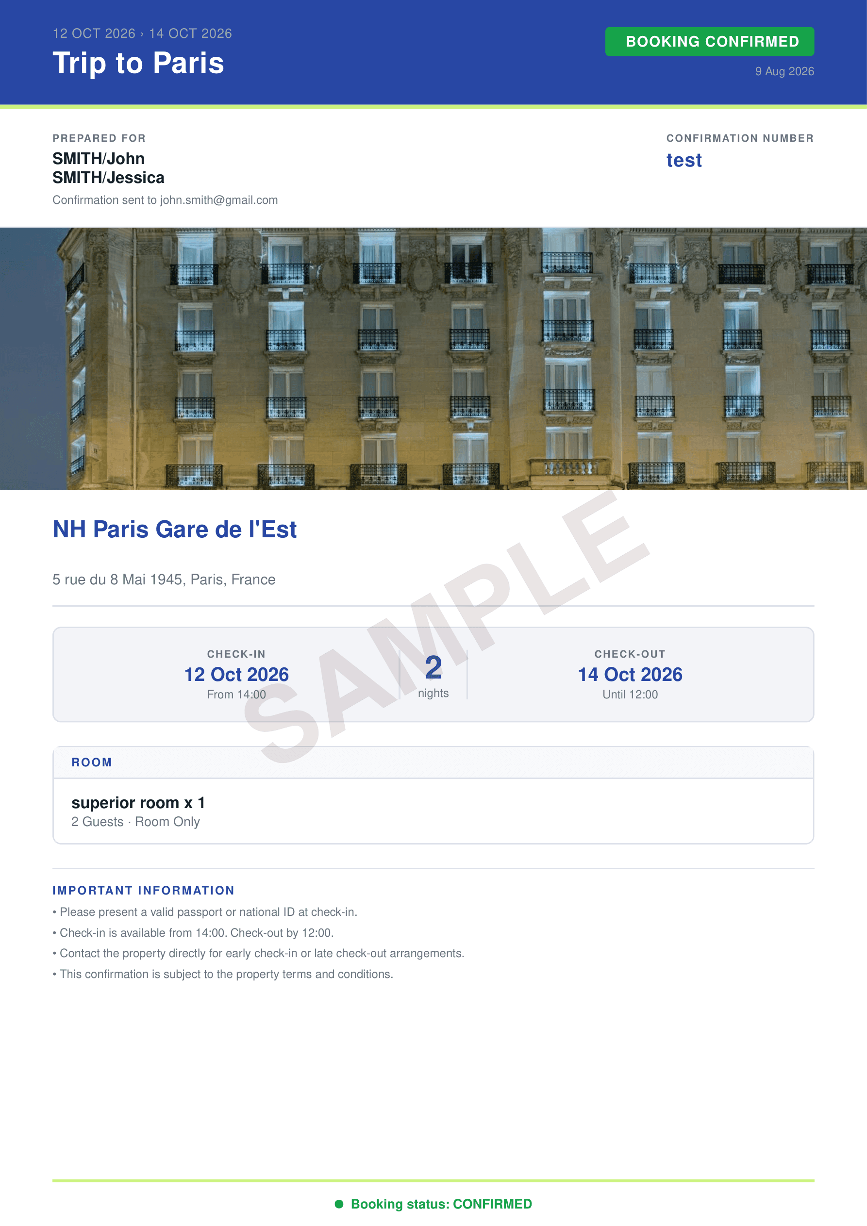 Exemple de confirmation d'hotel | GetHotelProof